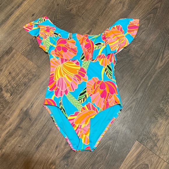 Trina Turk Womens POPPY OTS RUFFLE BANDEAU 1 Pc Swimsuit Off Shoulder Sz 10 - Picture 3 of 5